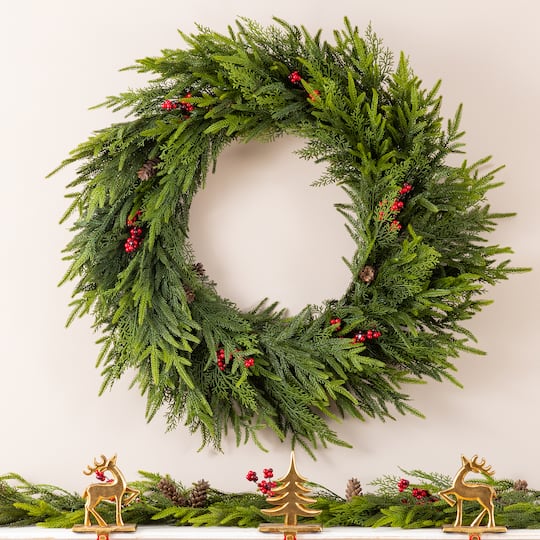Glitzhome® 30" Oversized Christmas PE Wreath with Pinecones and Red Berries